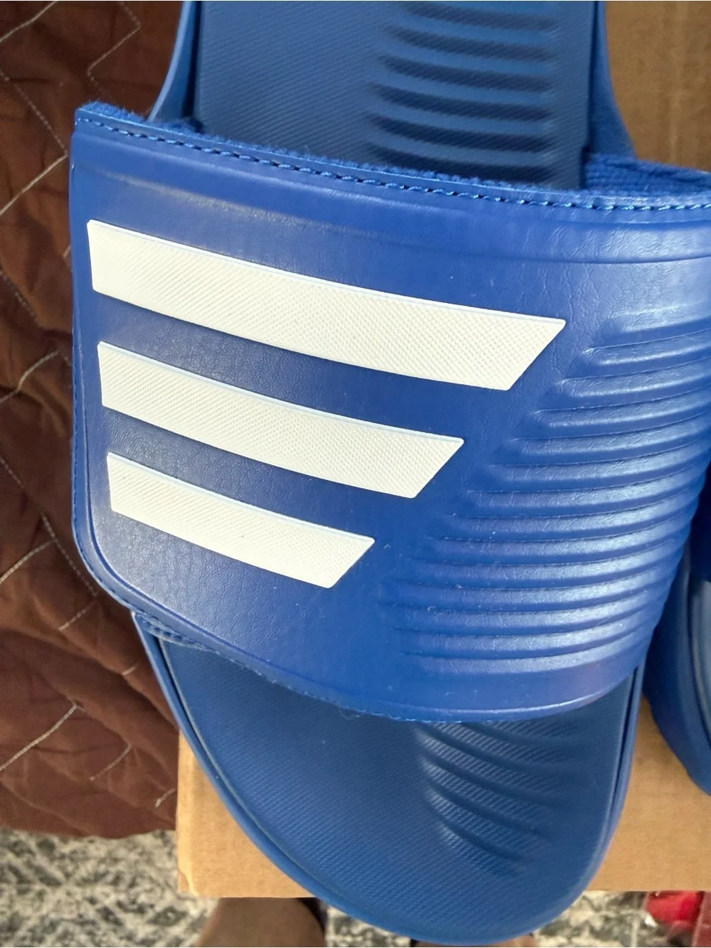 adidas Blue Slide Sandals with White Stripes